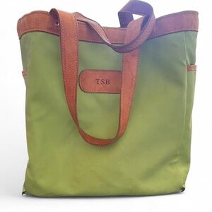 JON HART DESIGN medium coated canvas tote in light green with leather trim.